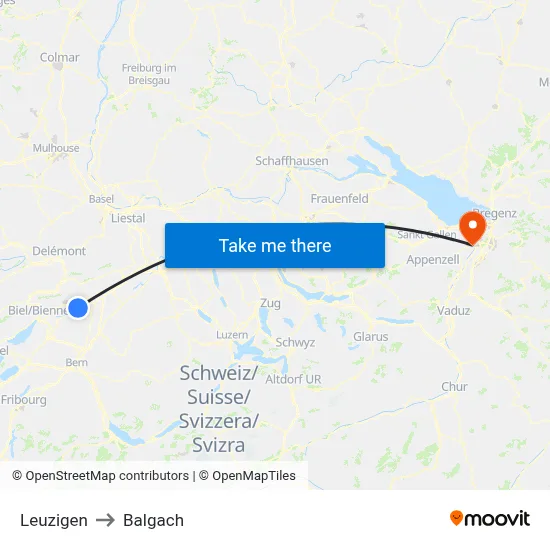 Leuzigen to Balgach map