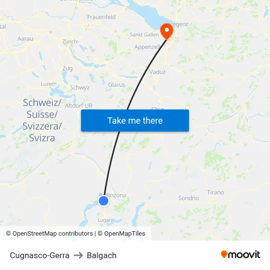 Cugnasco-Gerra to Balgach map