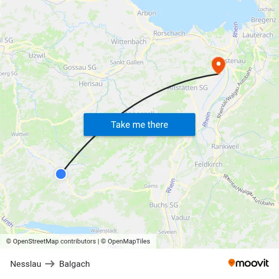 Nesslau to Balgach map