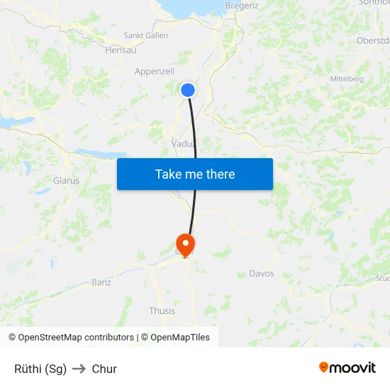 Rüthi (Sg) to Chur map