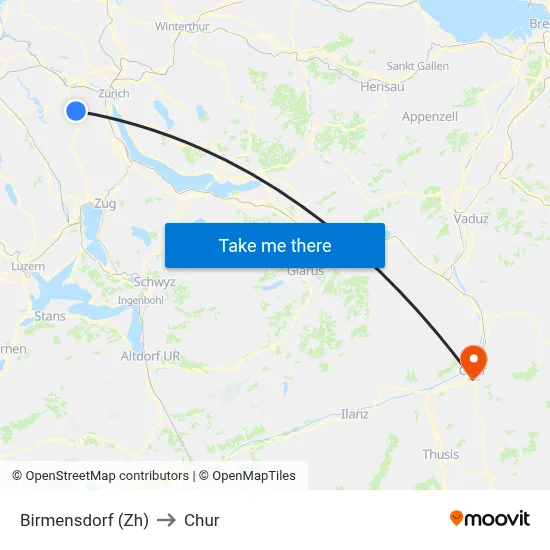 Birmensdorf (Zh) to Chur map