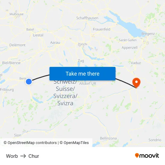Worb to Chur map