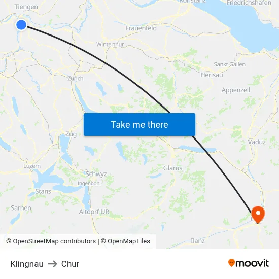 Klingnau to Chur map