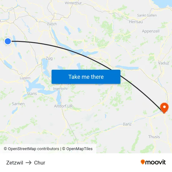 Zetzwil to Chur map