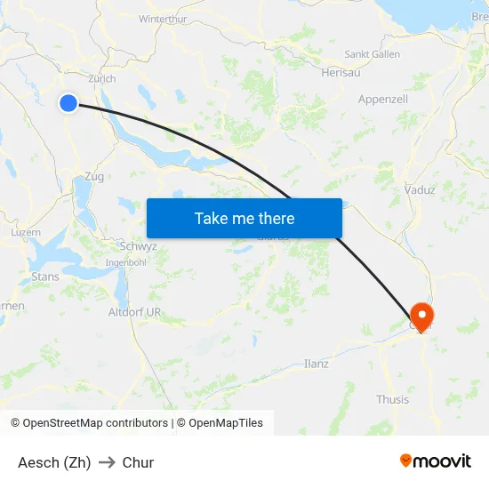 Aesch (Zh) to Chur map