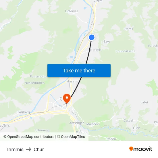 Trimmis to Chur map