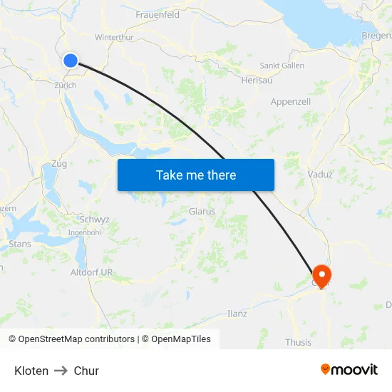 Kloten to Chur map