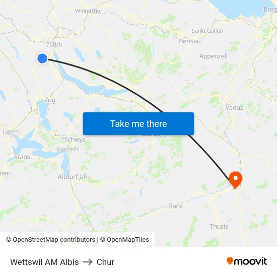 Wettswil AM Albis to Chur map