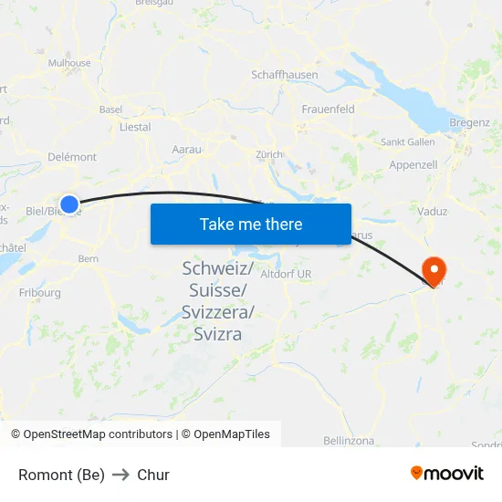 Romont (Be) to Chur map