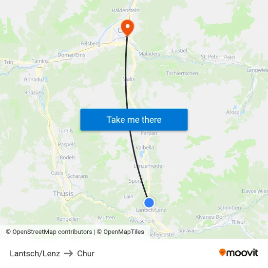 Lantsch/Lenz to Chur map