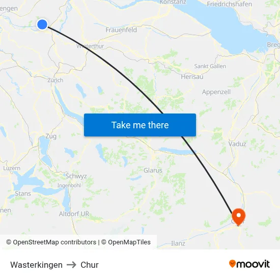 Wasterkingen to Chur map