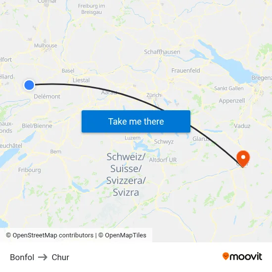Bonfol to Chur map