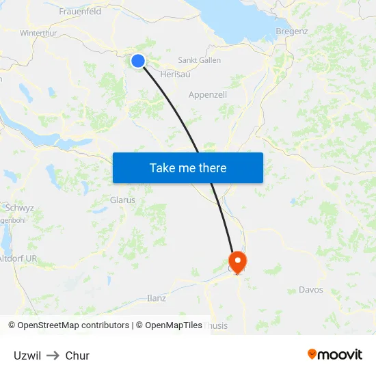 Uzwil to Chur map