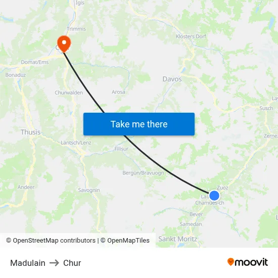Madulain to Chur map