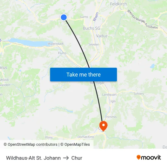 Wildhaus-Alt St. Johann to Chur map