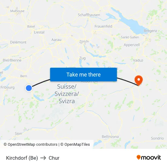 Kirchdorf (Be) to Chur map