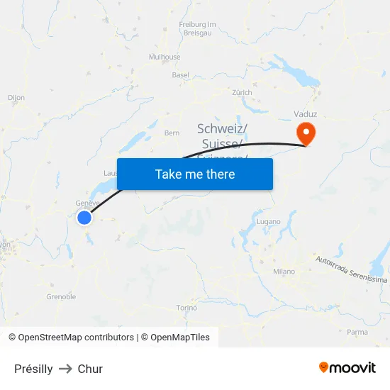 Présilly to Chur map