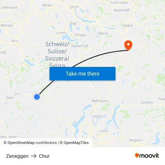 Zeneggen to Chur map