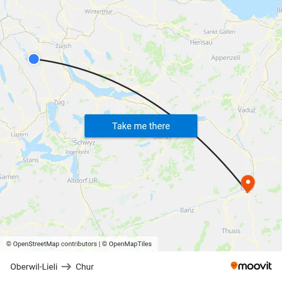 Oberwil-Lieli to Chur map