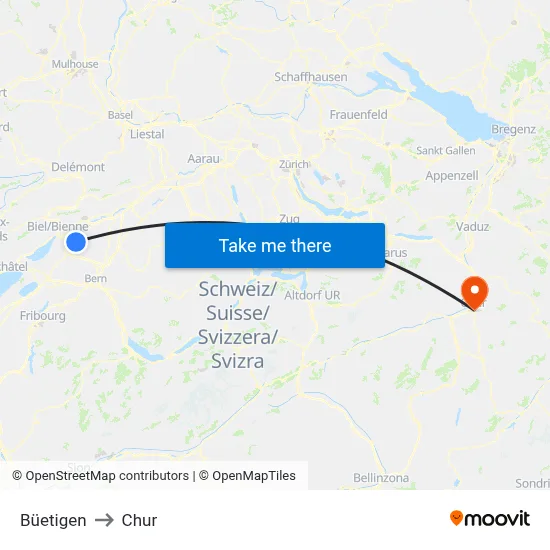 Büetigen to Chur map