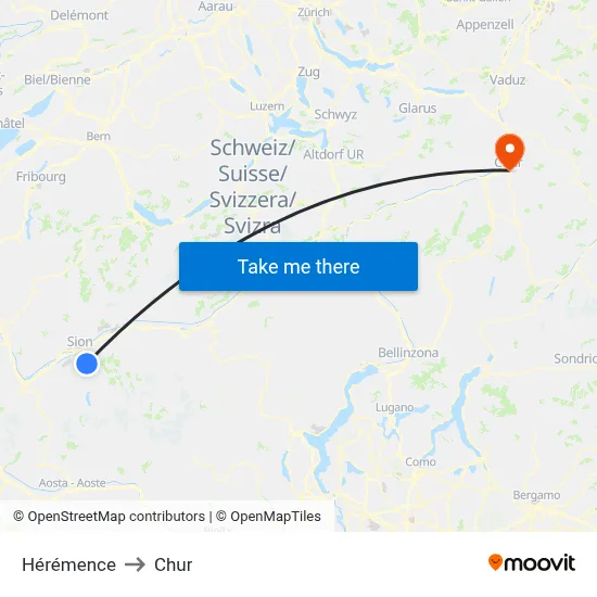 Hérémence to Chur map