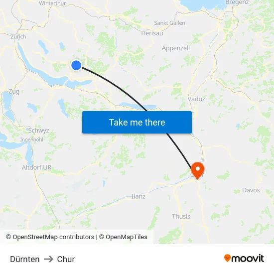 Dürnten to Chur map