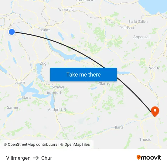 Villmergen to Chur map