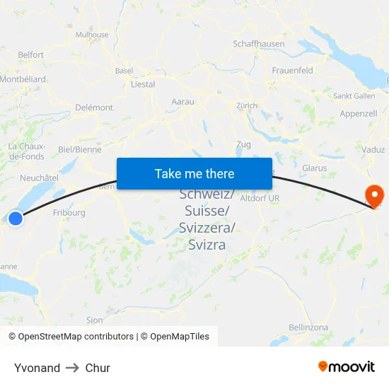 Yvonand to Chur map