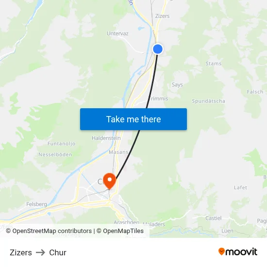 Zizers to Chur map