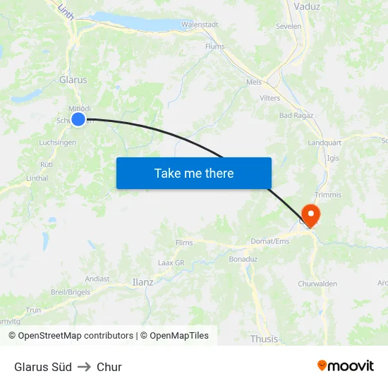Glarus Süd to Chur map