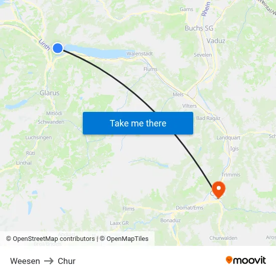 Weesen to Chur map