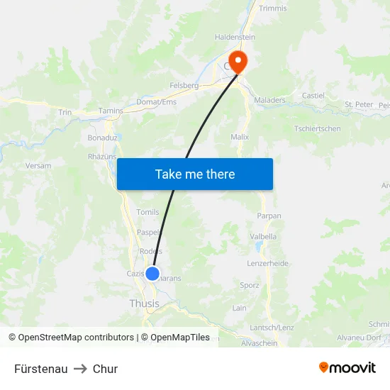Fürstenau to Chur map