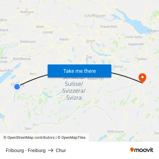 Fribourg - Freiburg to Chur map