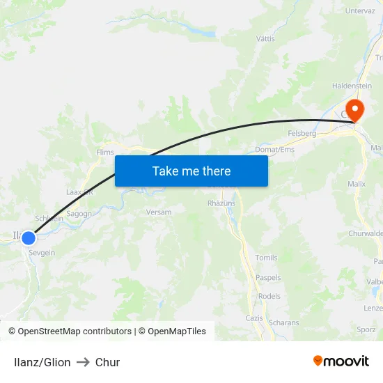Ilanz/Glion to Chur map