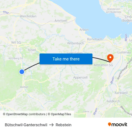 Bütschwil-Ganterschwil to Rebstein map