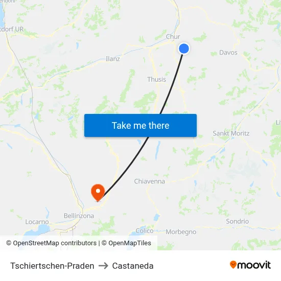 Tschiertschen-Praden to Castaneda map