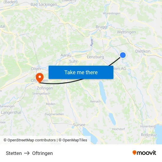 Stetten to Oftringen map