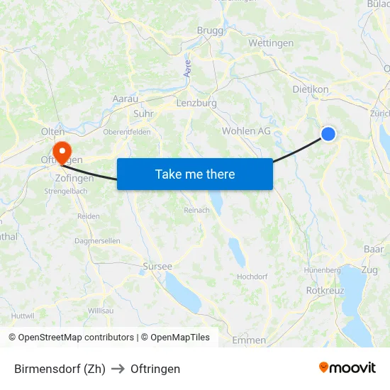 Birmensdorf (Zh) to Oftringen map