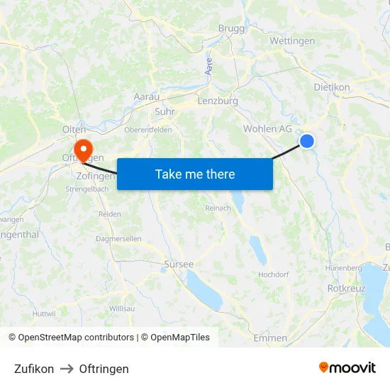 Zufikon to Oftringen map