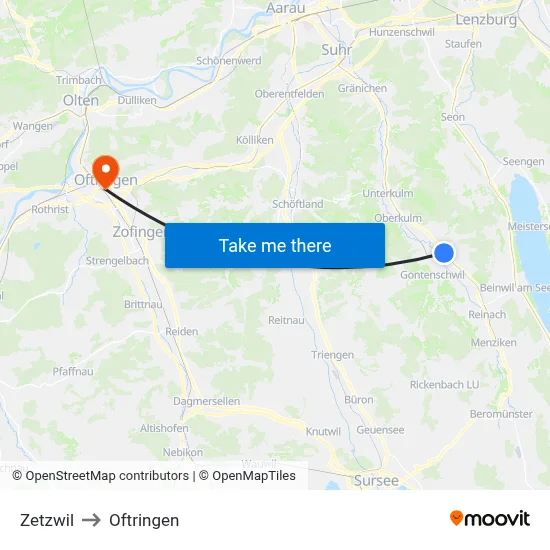Zetzwil to Oftringen map