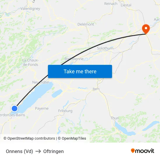 Onnens (Vd) to Oftringen map