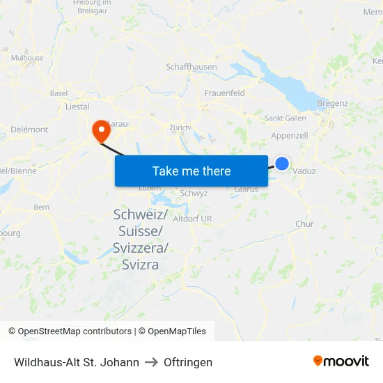 Wildhaus-Alt St. Johann to Oftringen map