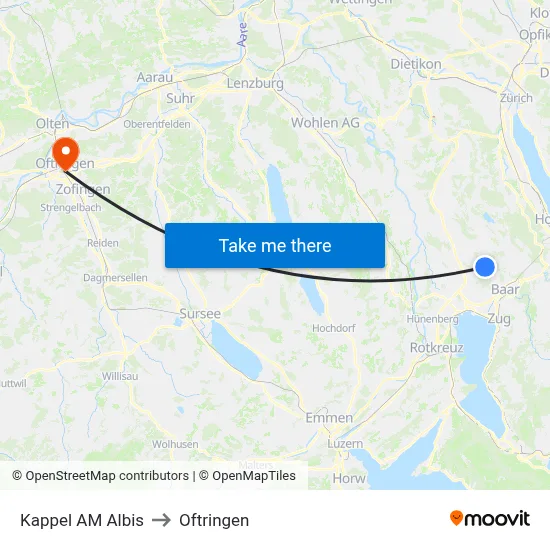 Kappel AM Albis to Oftringen map