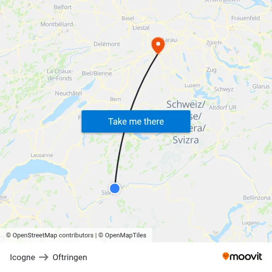 Icogne to Oftringen map