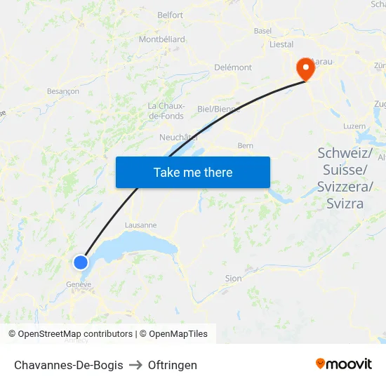 Chavannes-De-Bogis to Oftringen map