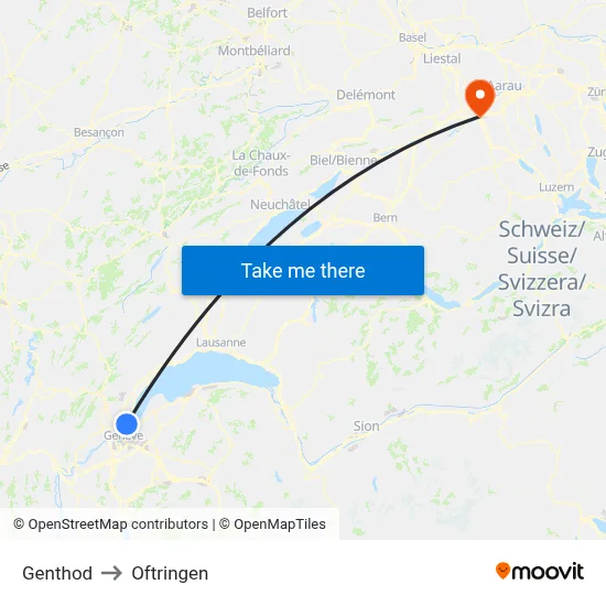 Genthod to Oftringen map
