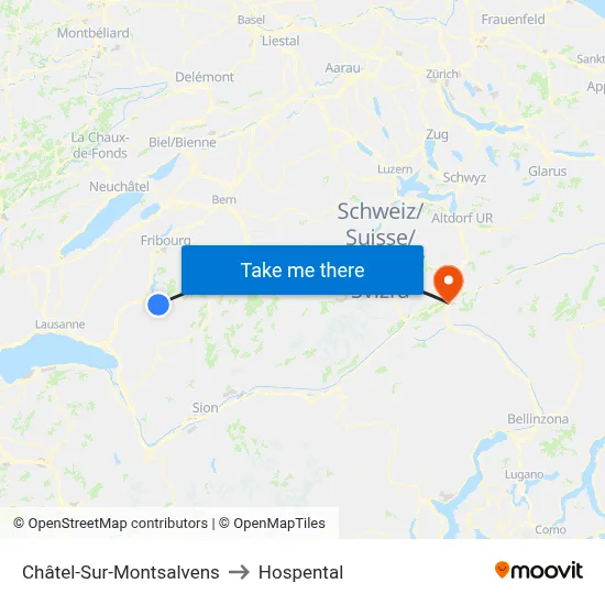Châtel-Sur-Montsalvens to Hospental map