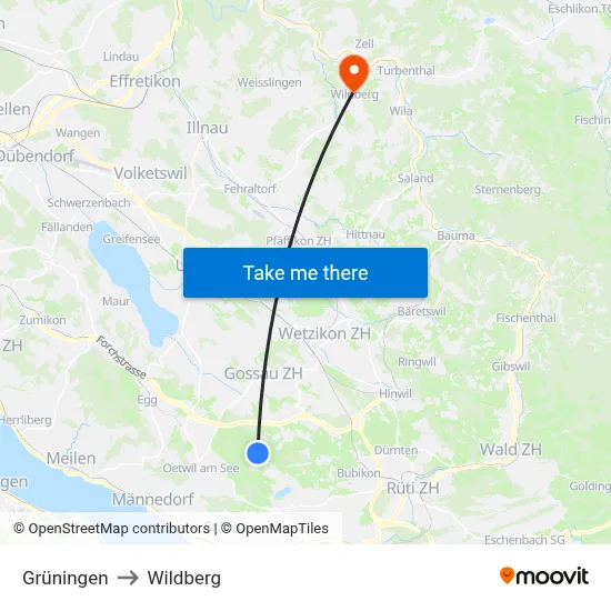 Grüningen to Wildberg map