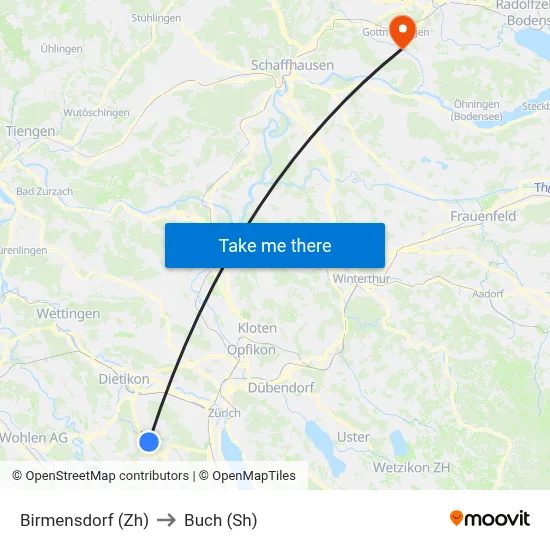 Birmensdorf (Zh) to Buch (Sh) map