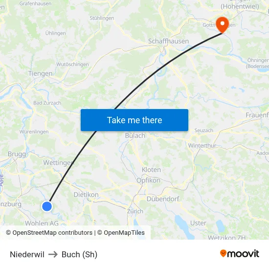 Niederwil to Buch (Sh) map